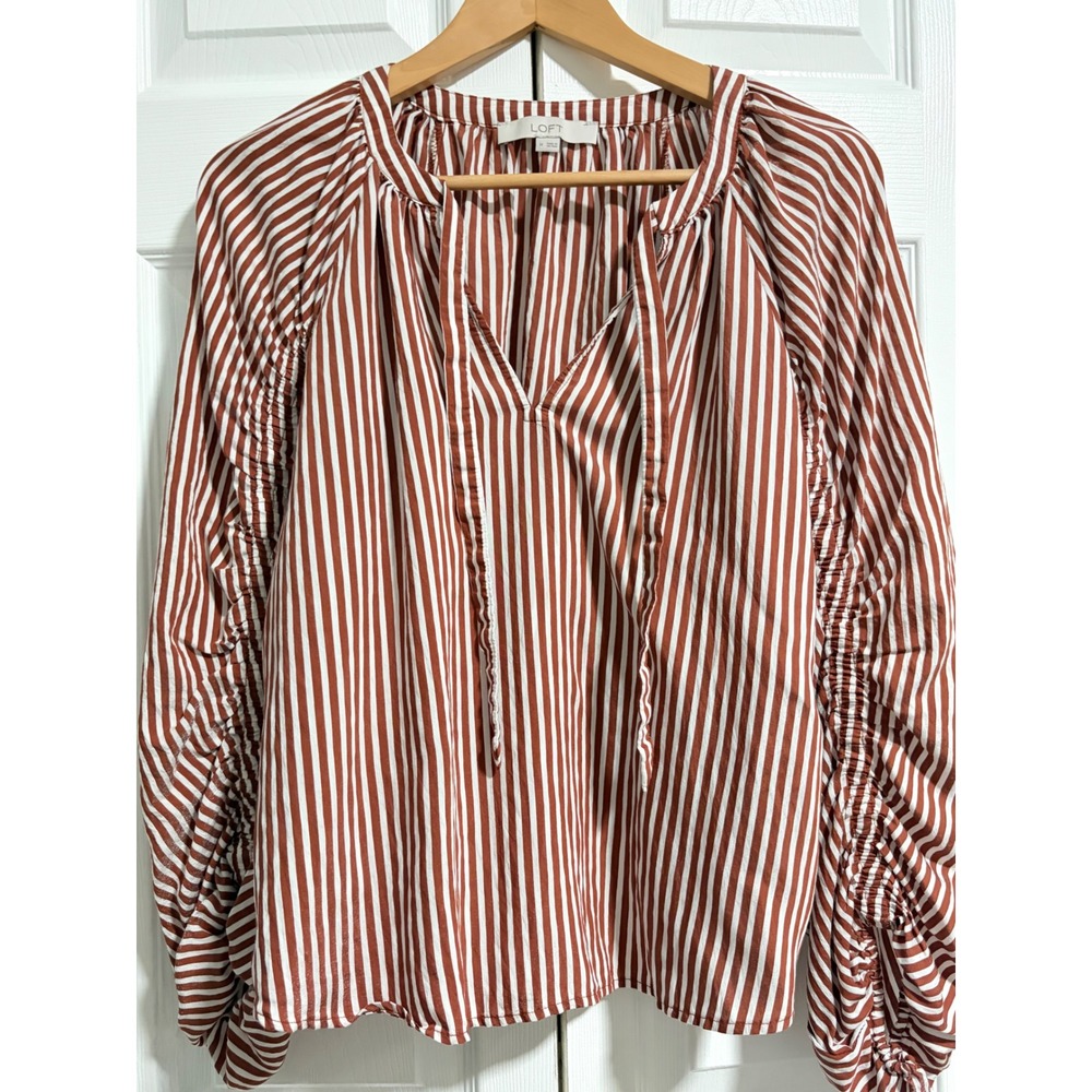 Loft Striped Tie Neck Blouse Rust Brown White Ruched Sleeve Top Metallic Sheen M